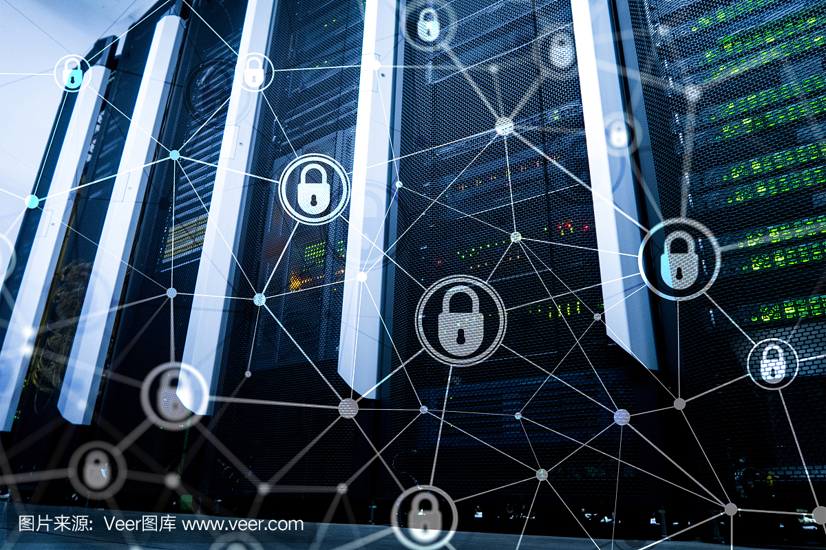 網絡安全,信息隱私,數據保護概念在現代服務器室背景下?；ヂ摼W和數字技術的概念。